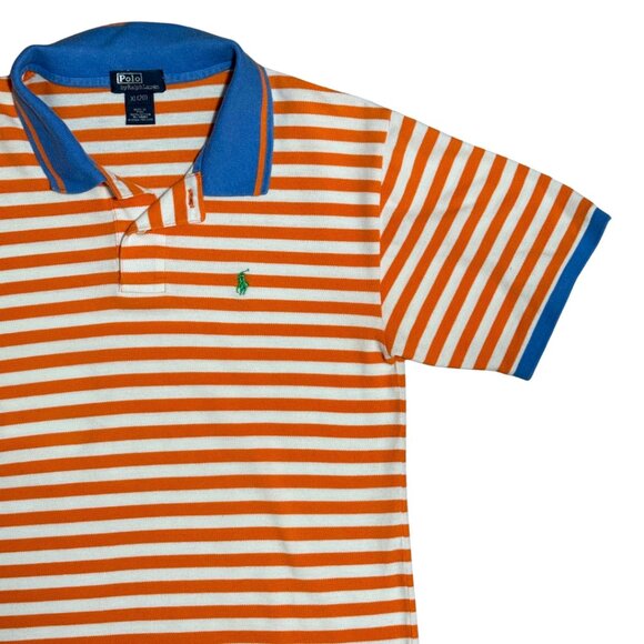 Vintage Ralph Lauren Polo Rugy Shirt Boys XL – White Orange Stripe, Blue Collar - Picture 1 of 13